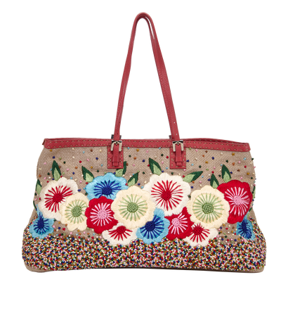 Selleria Floral Tote, &pound;350, Handbags, Brown/Red, Raffia, Front view